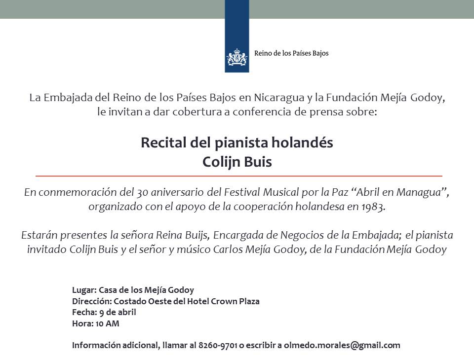 Invitación - Concierto de Colijn Buis - Embajada de Holanda y Fundación Mejía Godoy